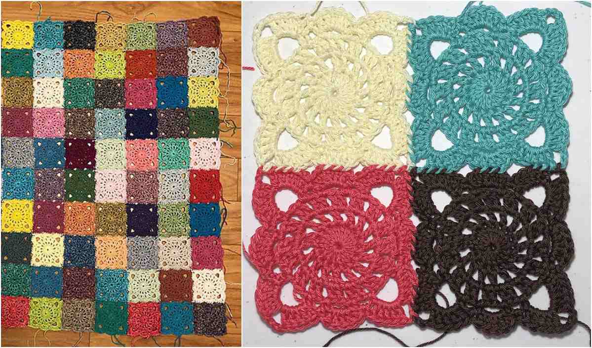 Patchwork blanket on the left with colorful, small squares; four crocheted Stoney River Squares in yellow, teal, red, and black on the right, showcasing a delightful free crochet pattern.