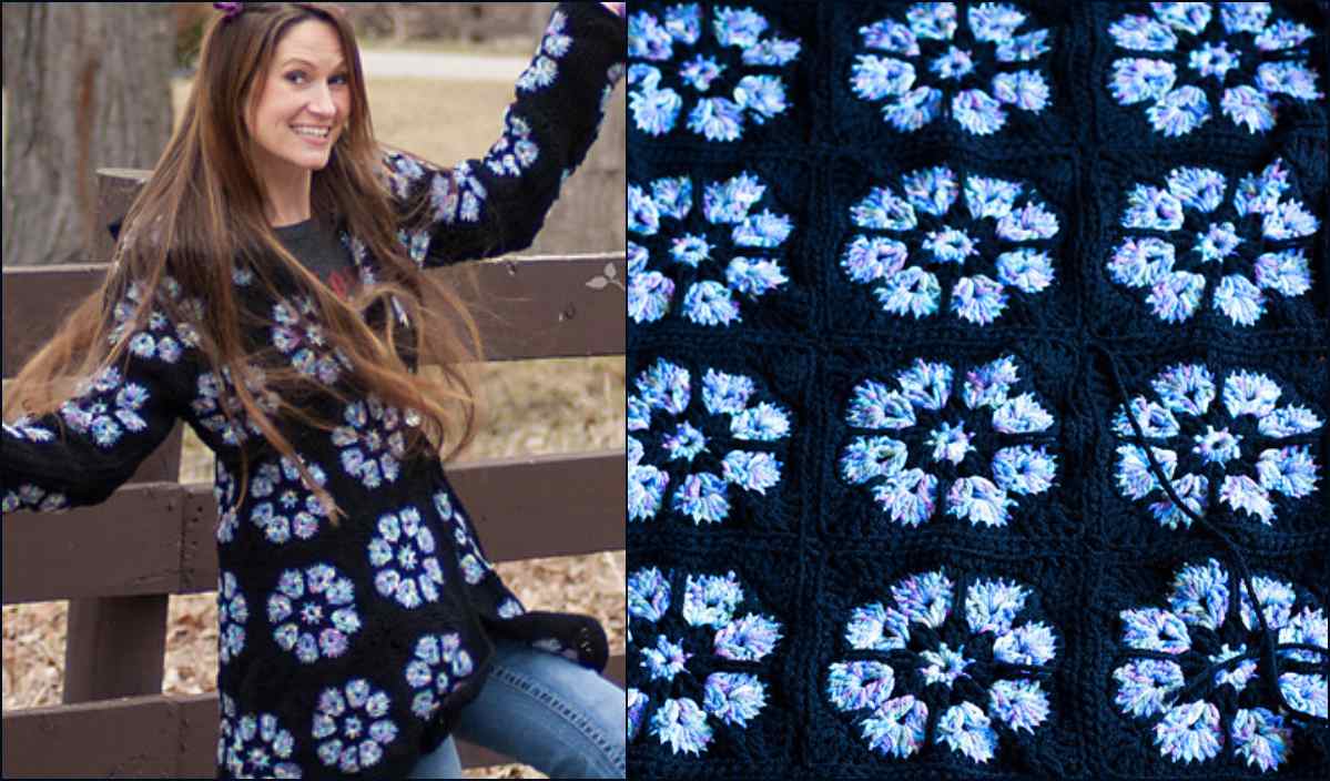 A person wearing a black sweater with a colorful floral crochet pattern stands outdoors next to a wooden fence. The intricate crochet pattern, resembling designs found in free crochet patterns, is shown in close-up on the right.