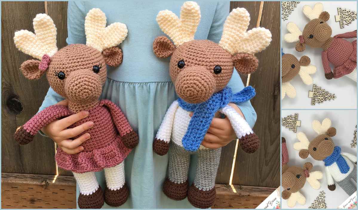 Child holding two crochet reindeer toys in brown, wearing a dress and scarf. Three smaller images show close-ups of the Amigurumi-style toys from different angles, perfect for those seeking inspiration for their own creations with a free crochet pattern.