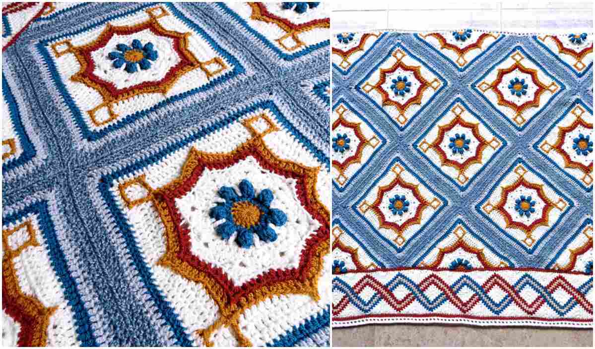 Close-up and full view of a crocheted blanket featuring geometric patterns with hexagonal motifs in blue, white, yellow, and red. Discover the Blair Road style through this intricate design, inspired by a free crochet pattern for crafting enthusiasts.