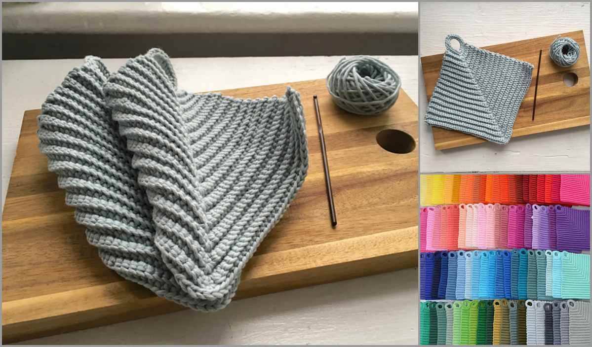 Knitted blue pot holders and yarn rest on a wooden board, with a hook beside them. Smaller images highlight a single pot holder and an array of colorful yarn samples below, accompanied by a free crochet pattern—a touch of majesty for your kitchen crafts.