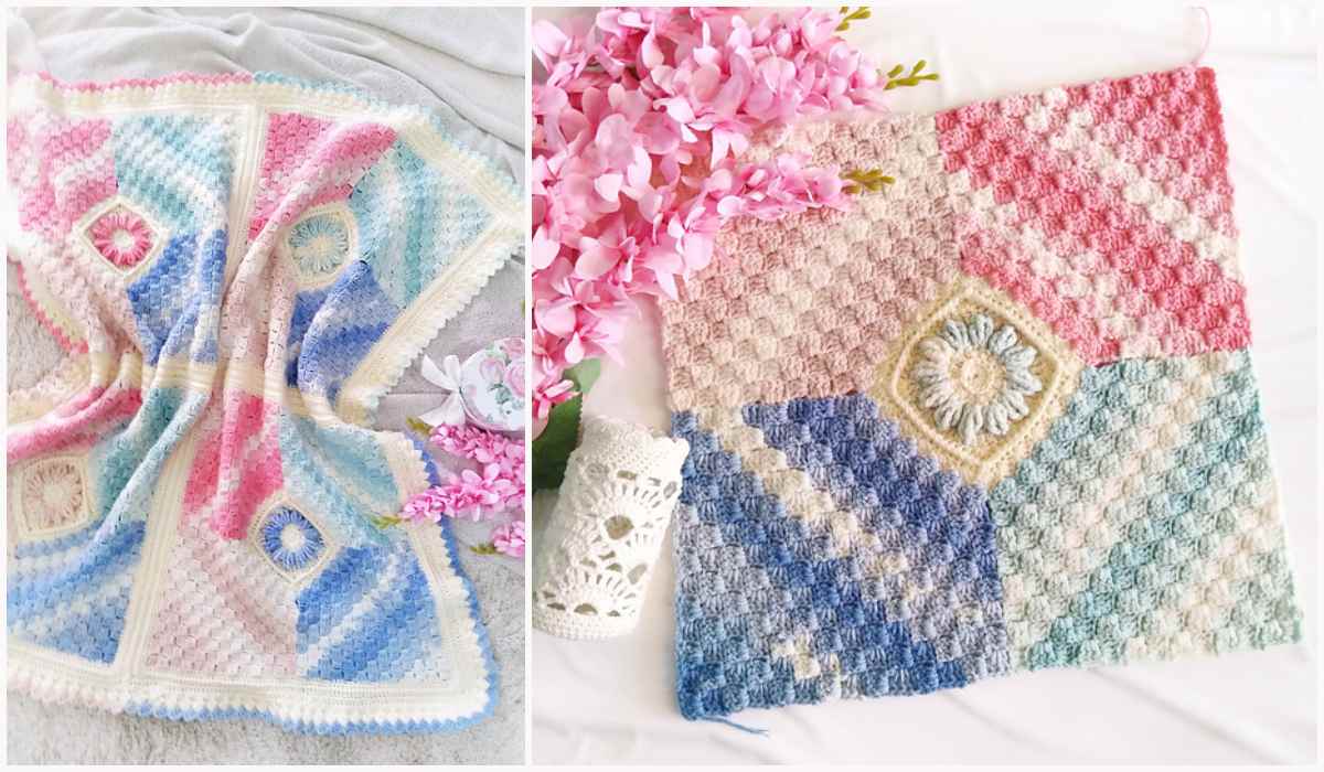 Two crocheted blankets featuring colorful geometric patterns in pink, blue, and beige tones are beautifully displayed with pink flowers and a spool of white lace, offering inspiration for crafting your own unique flower baby blanket.