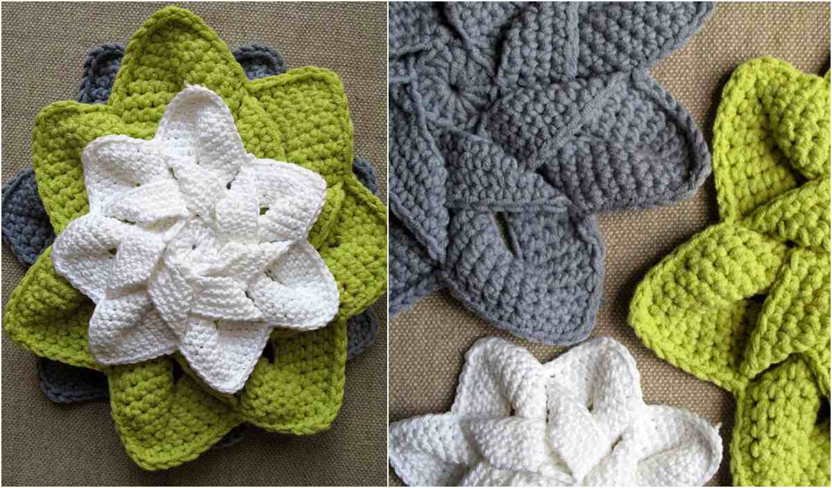 Crocheted flower-shaped pot holders in white, green, and gray, displayed on a fabric surface. Follow the Csenge Anna crochet pattern to recreate this charming design and set free your creative spirit.