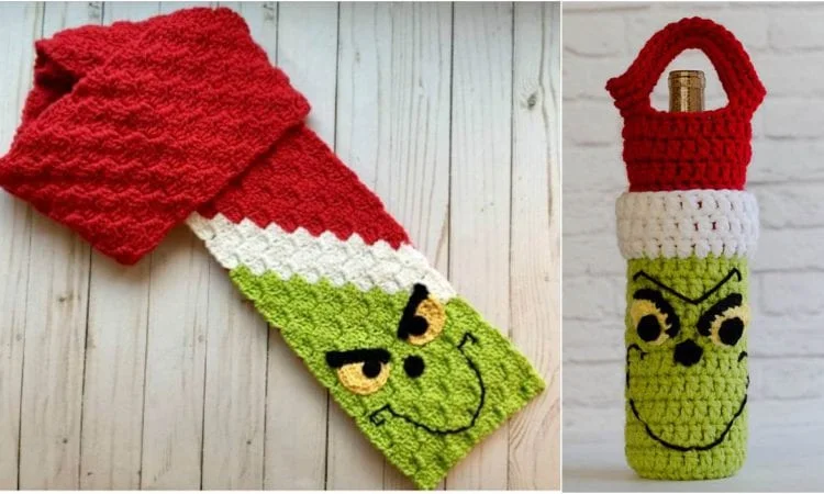 Grinch C2C Scarf and Wine Cozy Free Crochet Patterns | Your Crochet