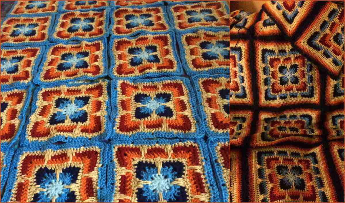 Crocheted afghan showcasing a crochet pattern of colorful granny squares in vibrant hues of blue, orange, and yellow.