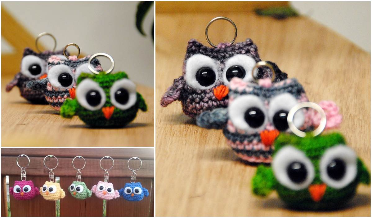 Four crocheted owl keychains in different colors are displayed on a wooden surface, each showcasing the creativity of a free crochet pattern.