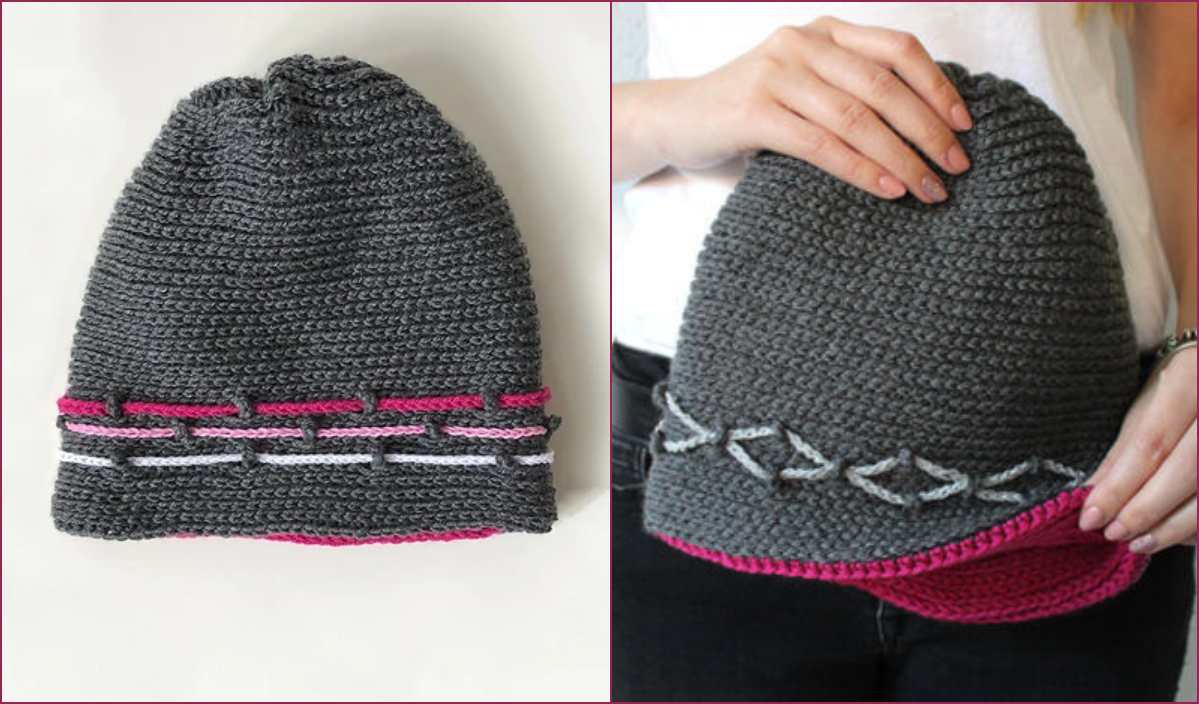 Gray knitted hat with white and pink detailing, shown flat on the left and being held upright on the right. Perfect for chilly days, this design could inspire your own journey hat, whether knitted or made from a free crochet pattern.