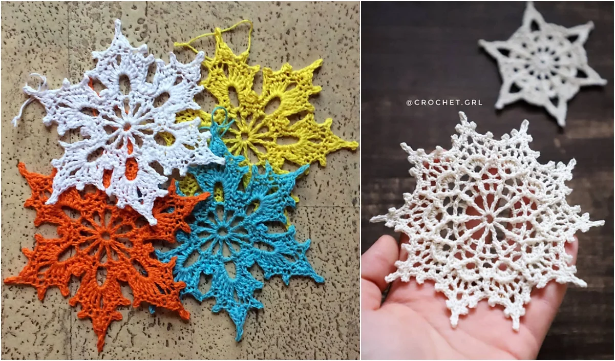 Five colorful and perfect crochet snowflakes rest on a surface, with a hand gently holding a single, delicate white crocheted snowflake.