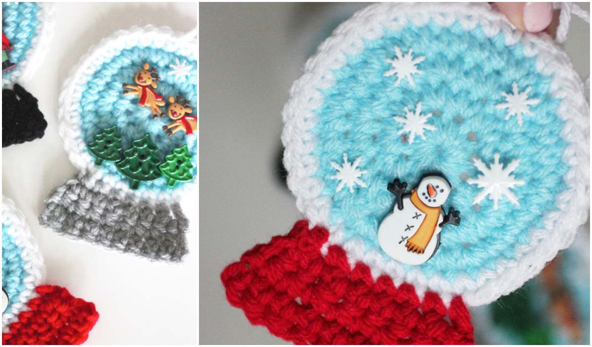 Discover our charming crocheted snow globes with colorful bases, featuring snowflake patterns, trees, reindeer, and a delightful snowman design. Enhance your festive decor with this free pattern for a SnowGlobe Ornament that captures the magic of winter in crochet perfection.