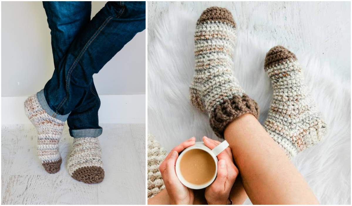 Two images: Left shows a person in jeans wearing snuggly crocheted socks. Right shows someone with cozy crochet slippers holding a coffee mug. Both socks feature a similar beige and brown pattern.