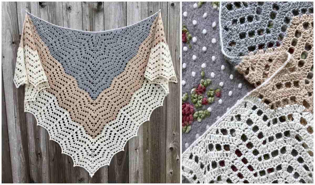 Displayed against a wooden fence, this crocheted triangular shawl in beige, gray, and cream colors emanates cozy charm. The close-up view beautifully reveals the intricate stitching details and pattern reminiscent of a vintage blanket free crochet pattern.