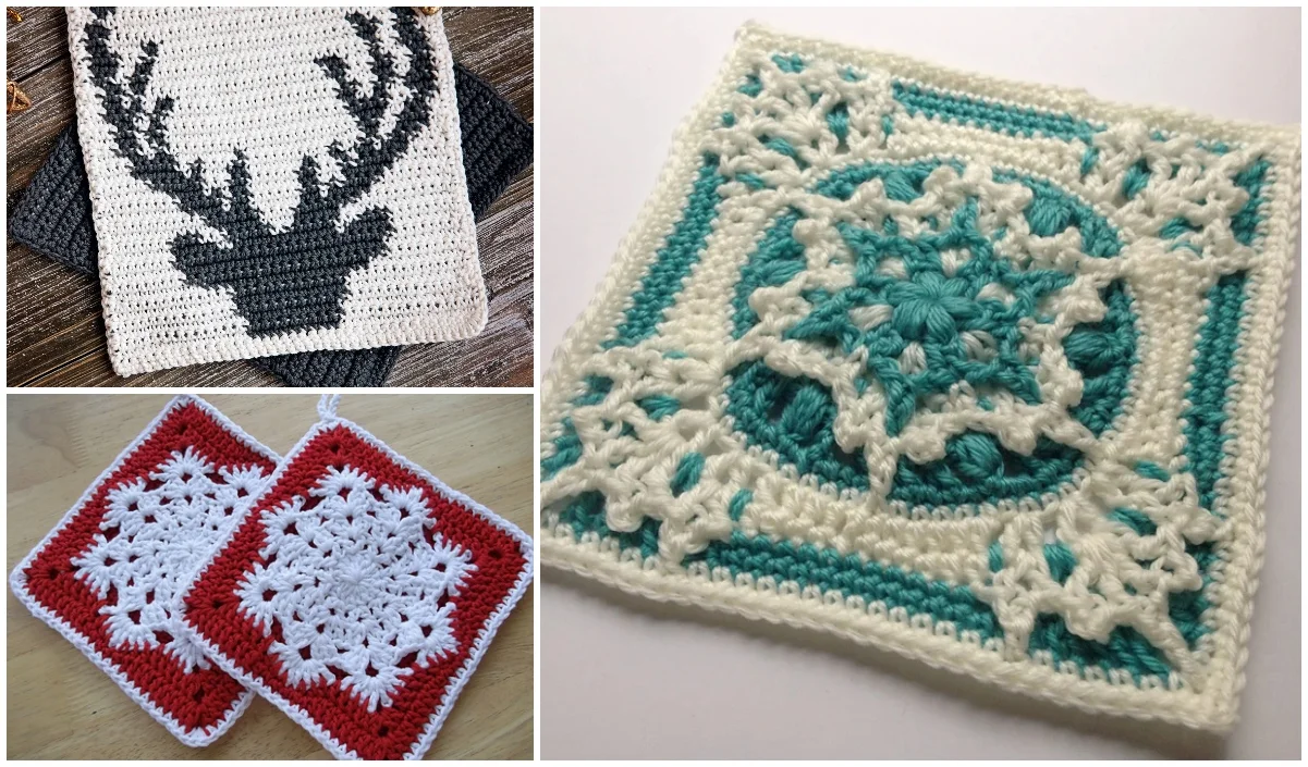 Crocheted winter potholders feature a black deer silhouette on gray, white snowflakes on red squares, and a white snowflake on a teal and white square.