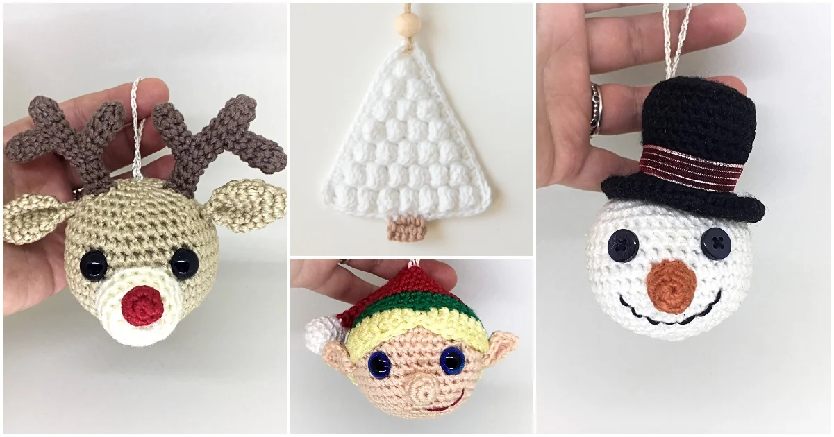 Four easy crocheted Christmas tree ornaments are shown: a reindeer, a snowy tree, an elf, and a snowman, each held gently in a person's hand.