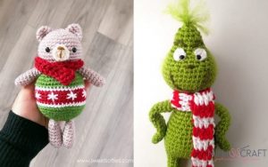 Two amigurumi crocheted dolls: one resembling a bear in a red and green sweater, and the other a green character with a tuft of hair, both wearing red and white scarves. Perfect for December decorations or gifting, they're crafted with love using free patterns.