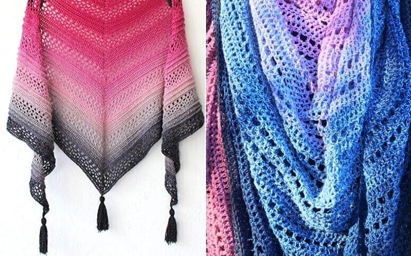 Discover our Girl Power Shawl collection featuring crocheted designs with stunning gradient colors. Delight in a pink-to-gray shawl adorned with tassels or choose from the enticing blue shades, all available with free patterns for your creativity to flourish.