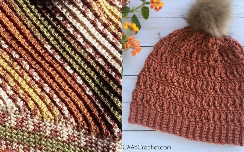 Close-up of a multicolored twist crochet pattern on the left and a brown hat with a pom-pom on the right, placed on a white wooden surface adorned with orange flowers, inspired by free crochet patterns.