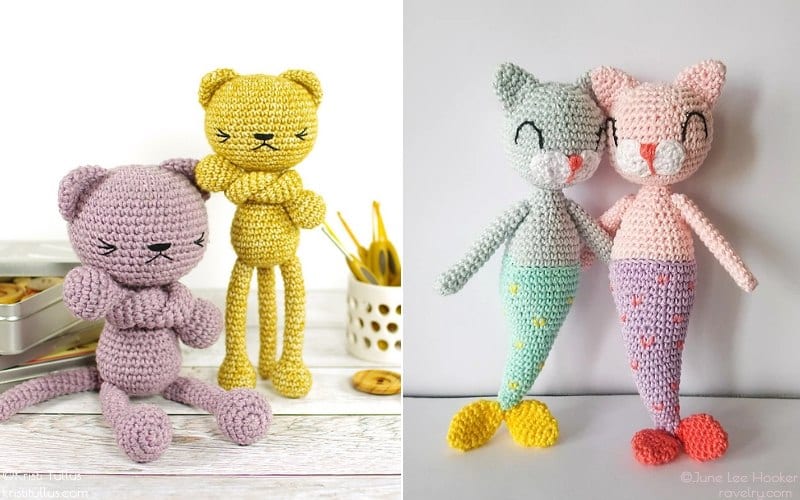 Two images of adorable amigurumi cats: on the left, two crocheted cats, one in purple and the other in yellow; on the right, two enchanting mermaid cats crafted from crochet patterns, a gray one with a green tail and a pink one flaunting an orange tail. Perfect for free crochet inspiration!