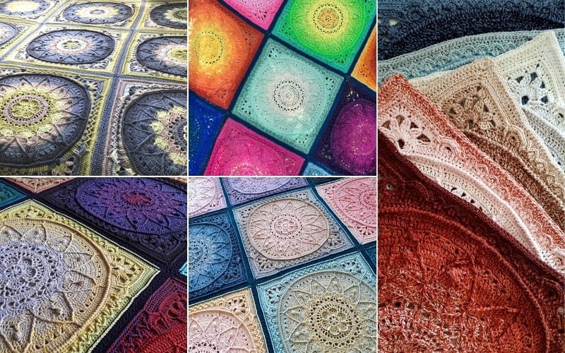 A collage of colorful crocheted mandala squares and folded crocheted fabric pieces with intricate patterns, reminiscent of Sophie's Dream Blanket.