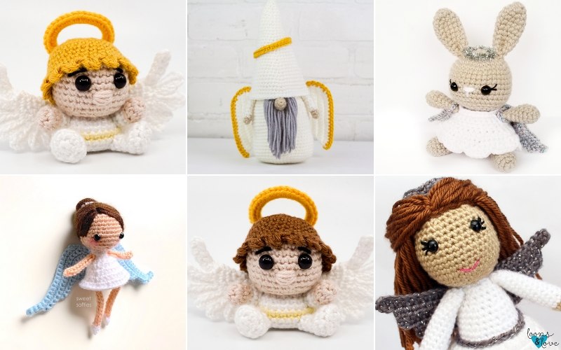 Six beautifully crocheted figures, crafted using intricate angel patterns, include angels, a bunny with wings, and a wizard. Displayed in a grid layout, each figure showcases distinct colors and meticulous details.