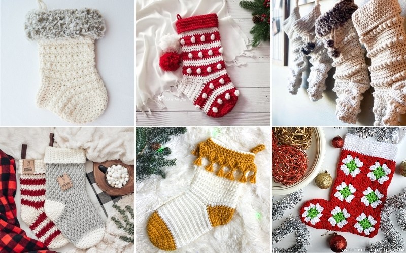 Collage of six crochet Christmas stockings in various patterns, showcasing a delightful mix of red, white, green, and gray. Each unique crochet Christmas stocking pattern is artfully displayed on different backgrounds.