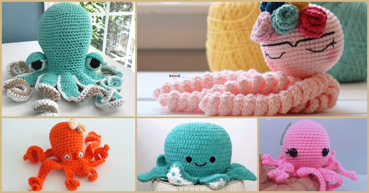 Explore the vibrant world of crocheted octopus toys, each crafted from unique crochet patterns and showcasing a delightful array of colors and designs in a charming collage.