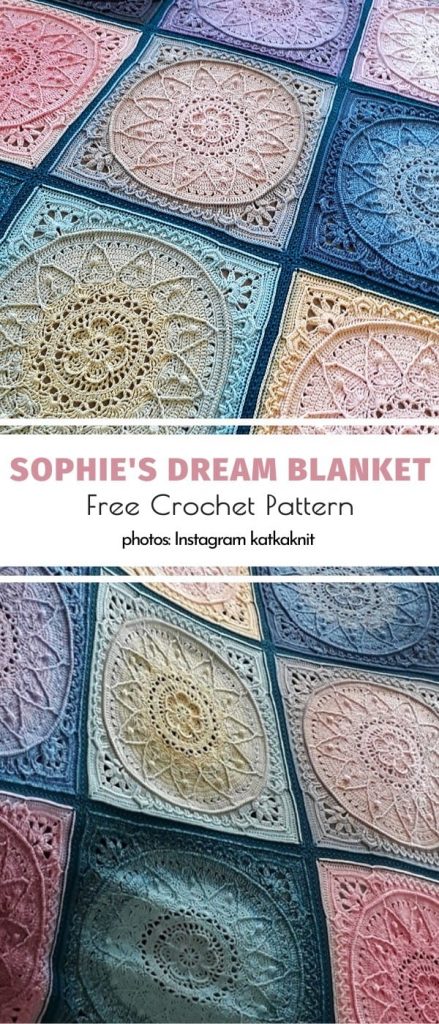 A vibrant tapestry of colorful crochet squares forms a captivating patchwork, aptly named "Sophie's Dream Blanket.