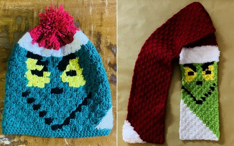 Discover this unique crocheted hat and scarf set from our Winter Accessories collection, showcasing a green Grinch-inspired face with yellow eyes and red Santa hat trim. Perfect for adding a touch of whimsy to your winter wardrobe.