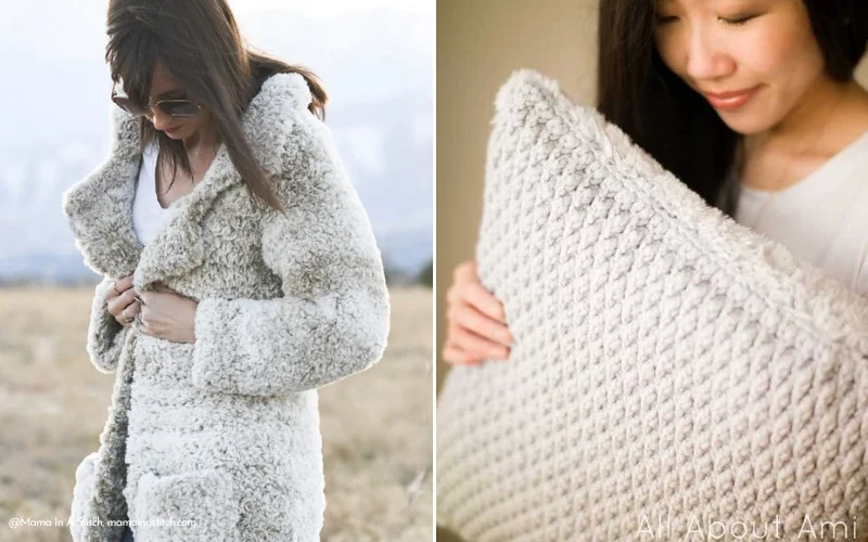 A woman wearing a faux fur coat outdoors on the left; the same woman holding a textured pillow indoors on the right.