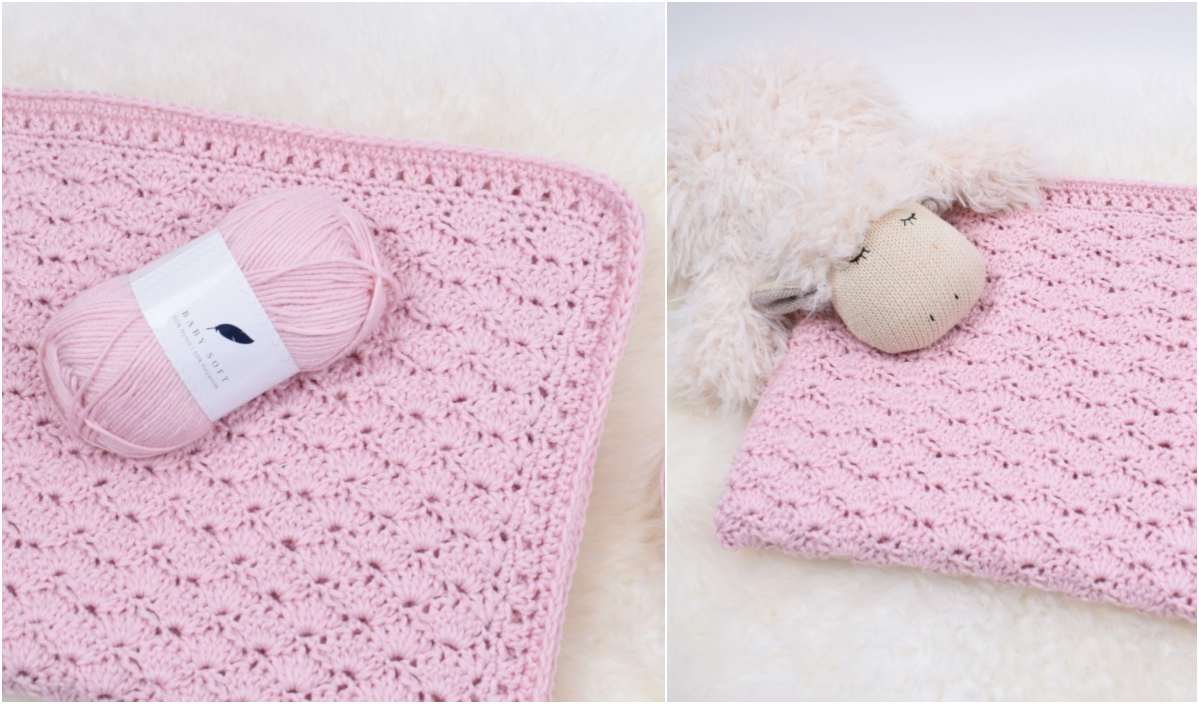 A soft pink crocheted baby blanket, lovingly crafted from a free crochet pattern, drapes elegantly with a skein of pink yarn on it. Another image captures the Baby's Dream Blanket folded neatly, offering a plush resting spot for an adorable fluffy toy lamb.