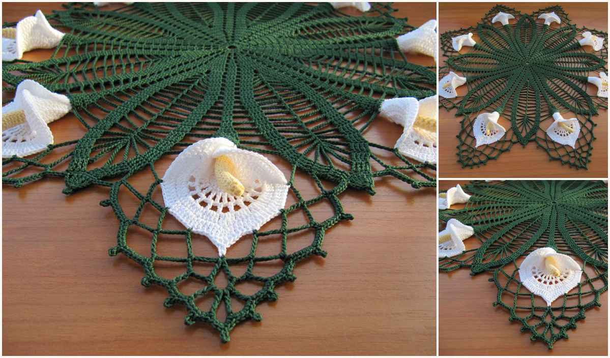 A crocheted doily with a green base and white flower designs, reminiscent of calla lilies, adds charm to the wooden buffet set.