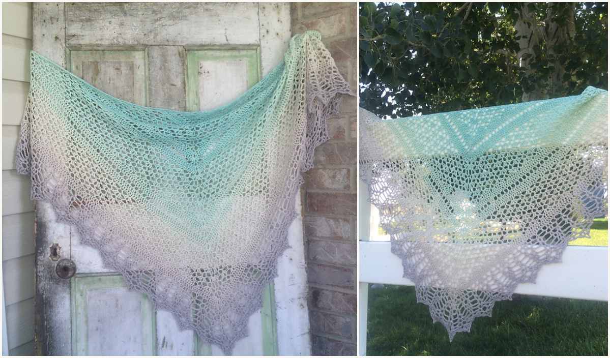 Two images of a triangular crochet shawl with gradient colors from turquoise to gray are beautifully displayed on an old door and a white fence, showcasing a free crochet pattern.