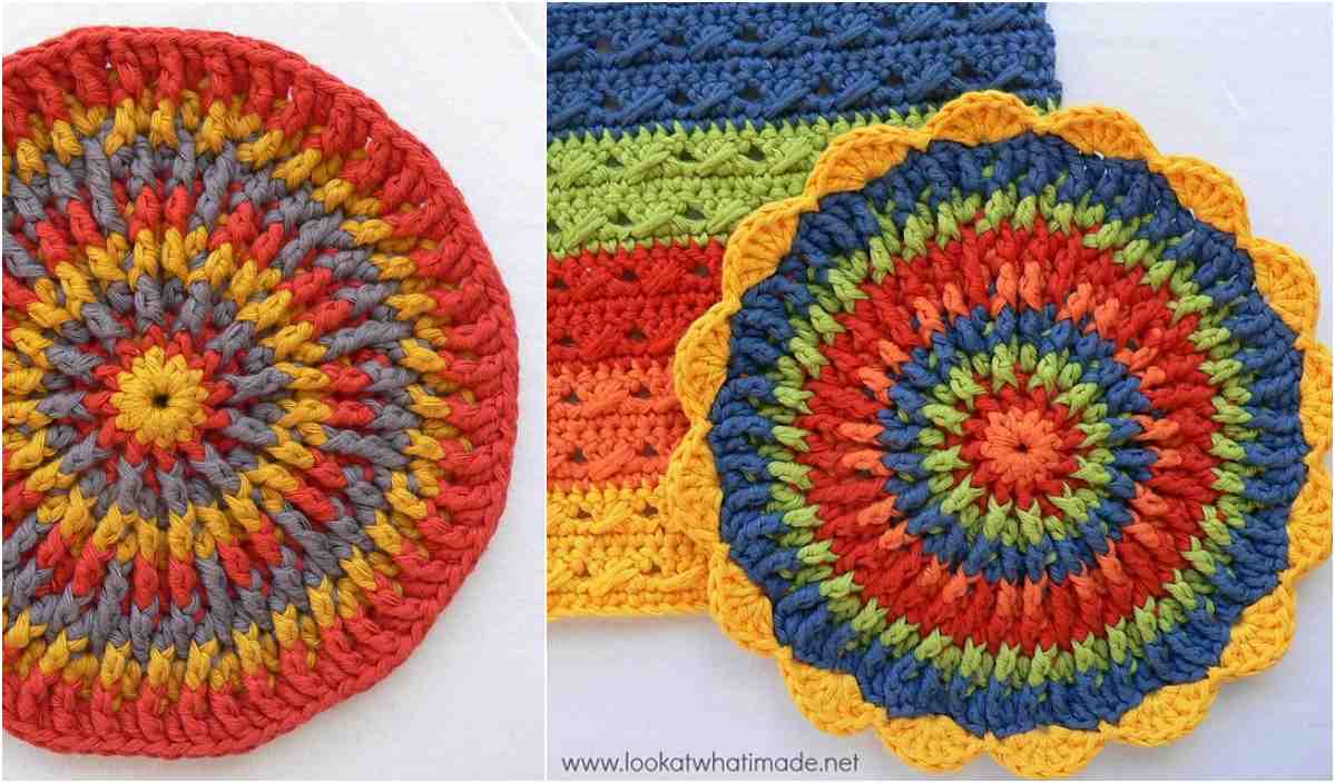 Explore crocheted round and rectangular patterns in vibrant colors, featuring red, yellow, blue, and green. Perfect for crafting cute slippers with ease using our step-by-step video tutorial.