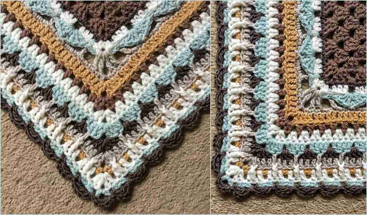 Close-up of a multicolored crochet blanket featuring a free crochet pattern with intricate edging in brown, white, grey, and blue tones, displayed on a textured surface.