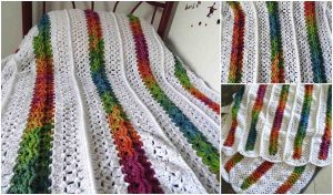 A crochet blanket with white and multicolored stripes, draped over a chair. Close-up views reveal the intricate stitch patterns, offering inspiration akin to an elegant hat design.
