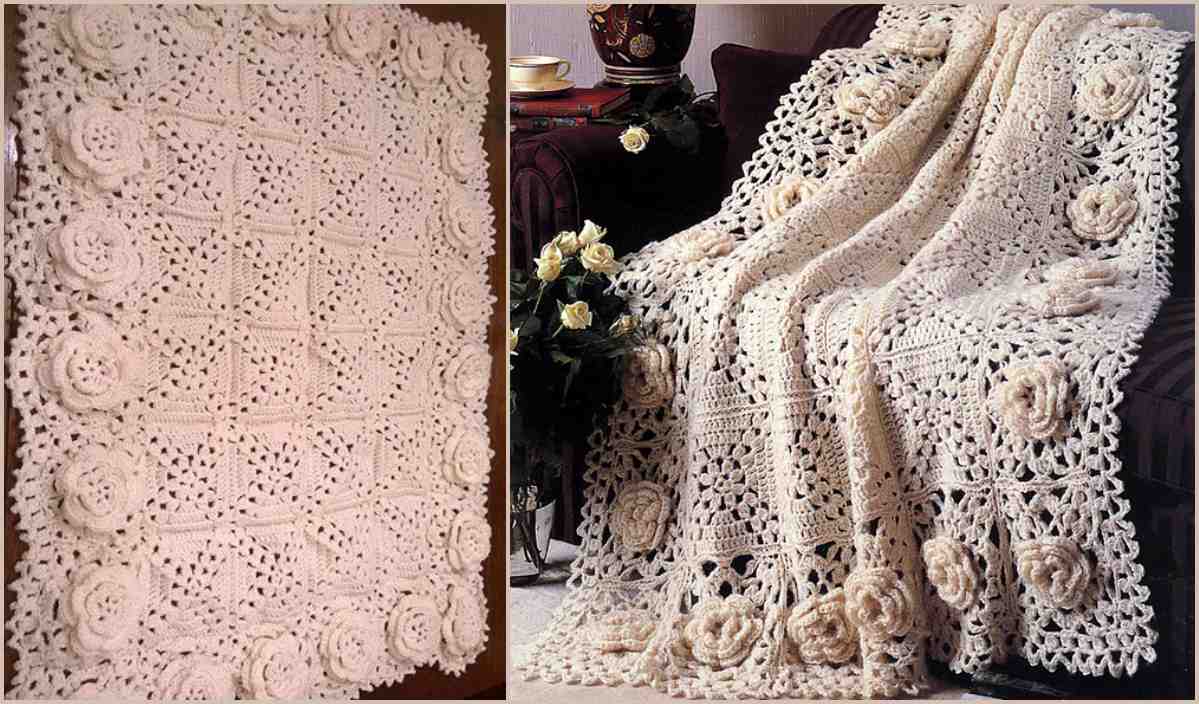 A crocheted Afghan with Roses Remembered floral patterns is displayed flat on the left and draped over a sofa on the right, showcasing its intricate beauty.