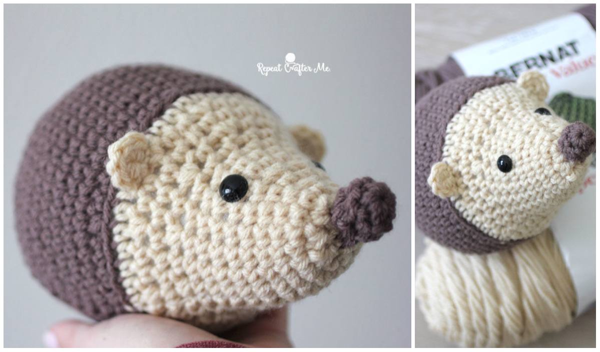 A crocheted hedgehog with a brown back and beige face, adorned with black eyes and a small round nose, sits charmingly amid yarn and a crochet hook. Perfect for sparking new pattern ideas or pairing with crochet hearts for an adorable crafting project.