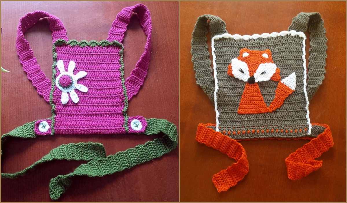 Two handmade crocheted bibs on display: one pink with a white flower, and another gray with an orange fox design. Both feature straps and button details, crafted using an easy crochet pattern perfect for personal projects or gifting.