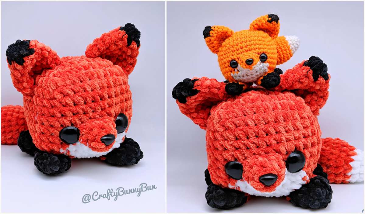 Two adorable 'Foxy Fox' plushies: the large one boasts black paws, while a smaller companion perches playfully on its head. Crafted with brown textured yarn and highlighted with black and white details, these cuddly critters embody a charming crochet pattern.