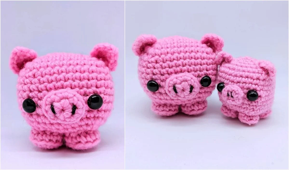 Discover the charm of our crocheted pink pig plushies, featuring Cube Piggy designs. The larger plush is showcased solo on the left, while its smaller companion sits beside it in the adjacent image. Both boast black eyes and round snouts, crafted with an easy crochet technique.