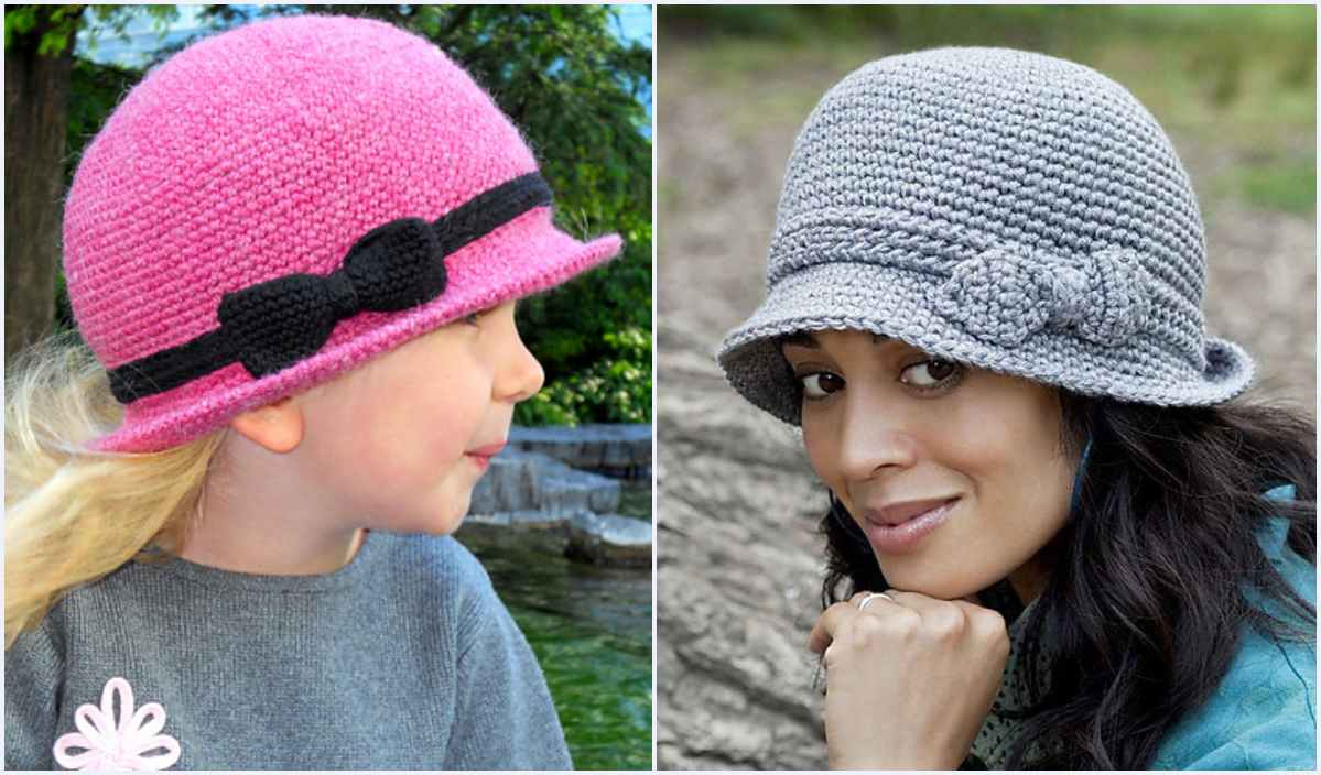 A child in a pink crocheted hat and a woman in a gray crocheted hat, each showcasing an elegant black bow detail, resemble creations from a free crochet pattern.