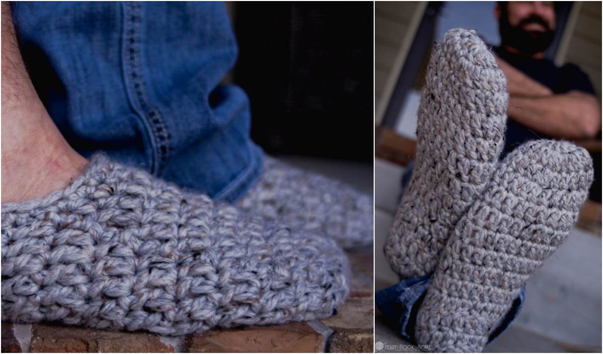 Close-up of a person wearing gray, knit men's slippers from two angles. The person is sitting on steps and wearing blue jeans, showcasing a blend of comfort and casual style.