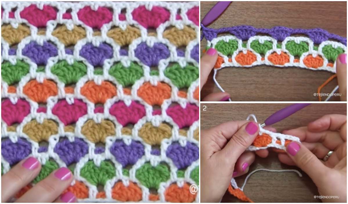 Crocheted pattern with colorful interlocking hearts in pink, green, orange, and purple; two inset images show hands demonstrating the Reversible Moroccan Heart Stitch technique.