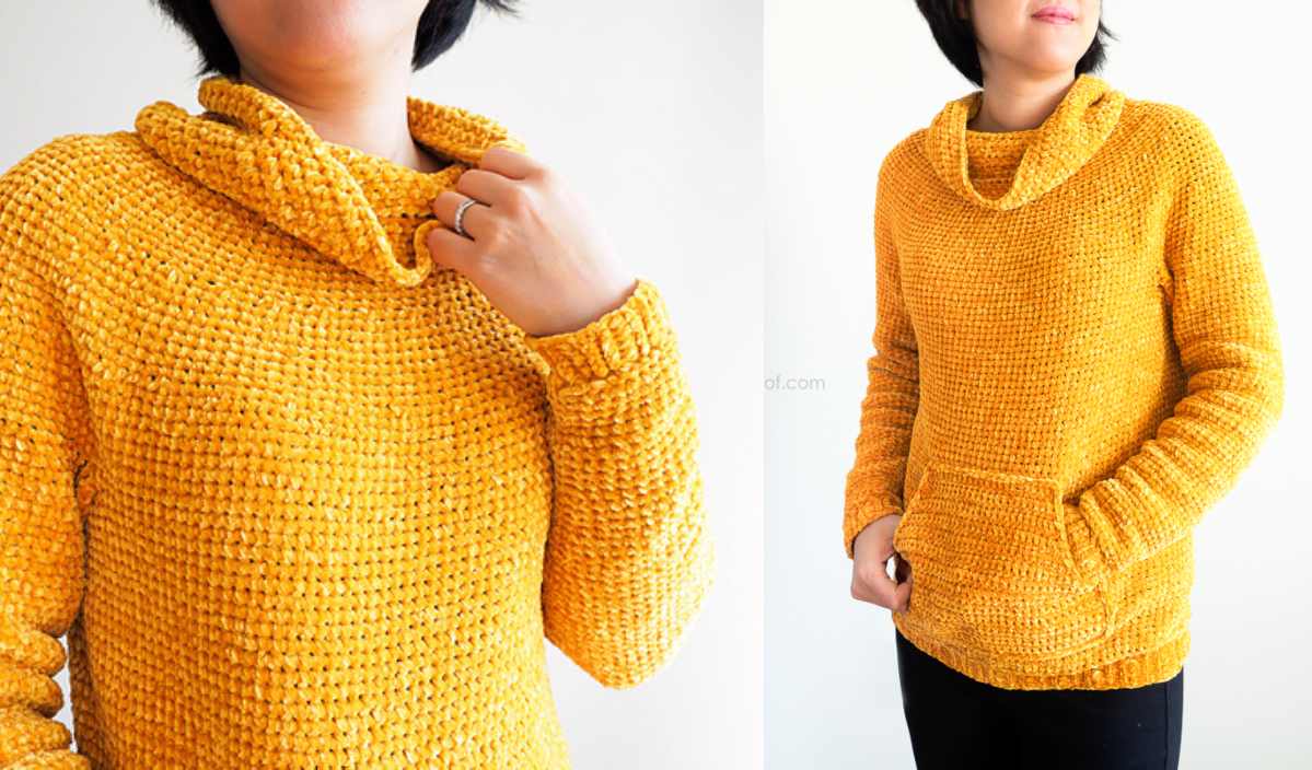 A person in a textured yellow sweater, reminiscent of a Mysa design, stands against a plain background. The sweater features a cozy cowl neck and handy front pocket, offering both style and comfort.