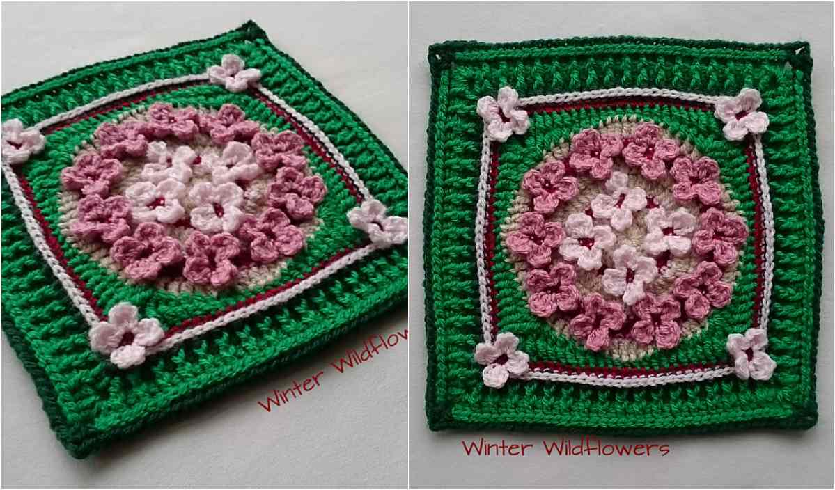 Two crochet square patterns in green, pink, and white with floral designs are perfect for a baby blanket. Labeled "Winter WildFlowers," this free crochet pattern brings a touch of floral beauty to any project.