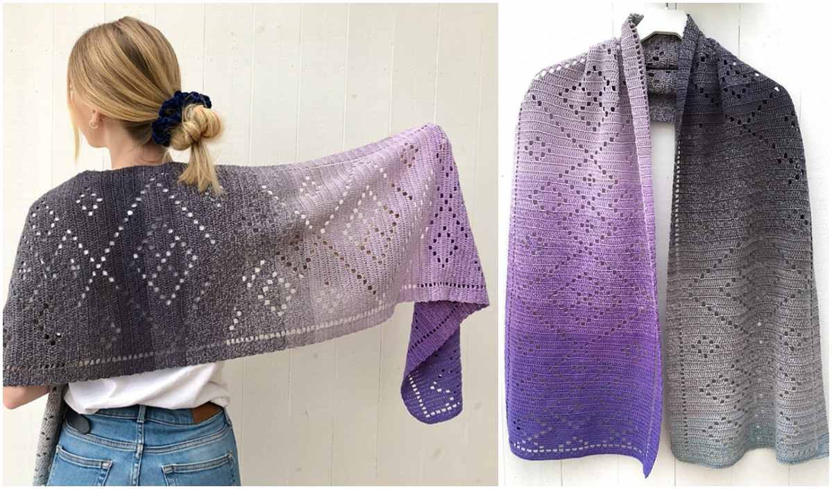 A person wears a gradient purple-to-gray crocheted shawl with a detailed diamond pattern, showcasing an exquisite crochet pattern. Another image reveals the shawl hanging unfolded, highlighting its intricate design.