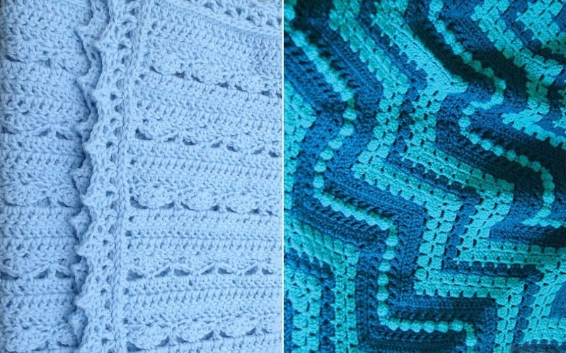 Close-up of two crocheted blankets. Left: Light blue with textured stripes and bobbles. Right: Multi-shaded blue with a zigzag pattern, reminiscent of Blue Water Blankets. A perfect inspiration for those seeking free crochet patterns.