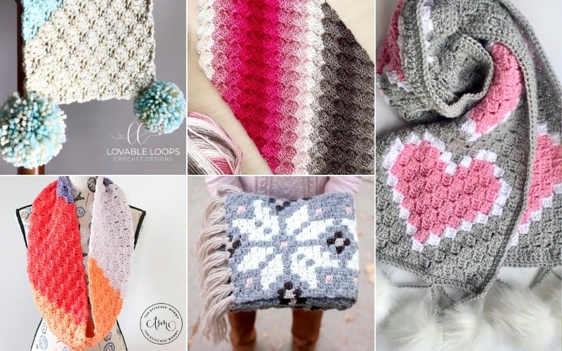 Collage of five colorful crochet items, featuring vibrant scarf patterns, a C2C scarf, a blanket adorned with pom-poms, and a charming heart design.