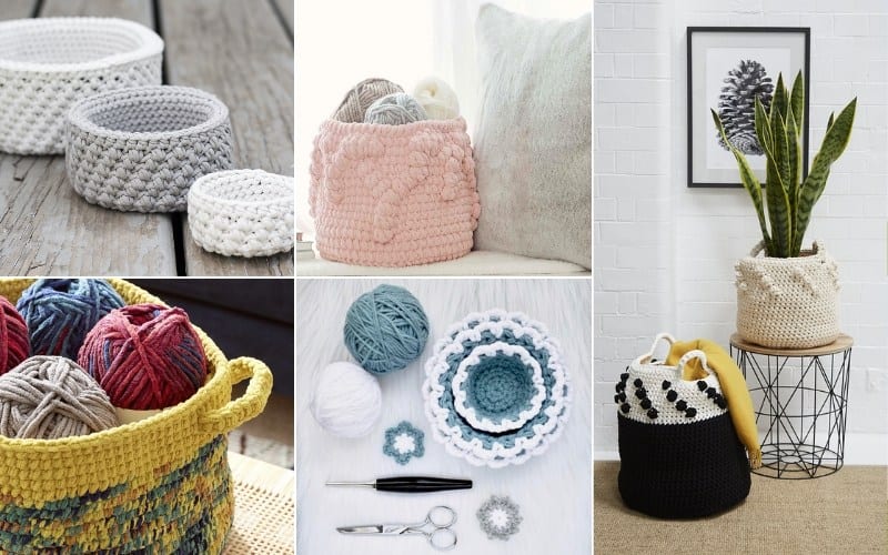 A collage of knitted and crochet baskets, adorned with vibrant yarns, showcases free patterns. Delightful plants and crafting tools are artfully displayed alongside to inspire endless crochet ideas.