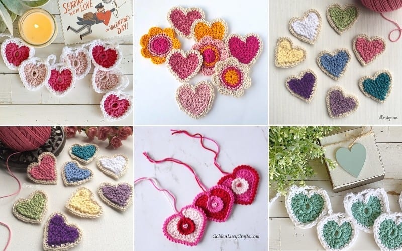 Collage of handmade crochet hearts and round ornaments featuring diverse patterns and vibrant colors, offering endless creative ideas as they are beautifully displayed on various backgrounds.