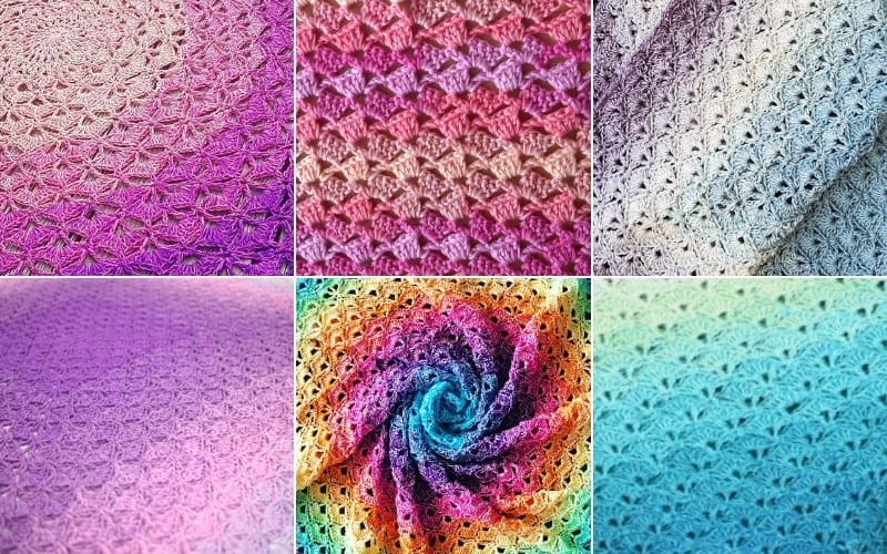 Collage of free crochet patterns in various colors, including pink, purple, red, and rainbow hues, with intricate, textured stitches ideal for deluxe baby blankets.